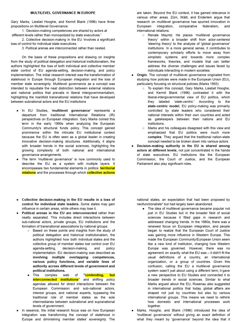Understanding Multilevel Governance in Europe | PDF | Governance ...