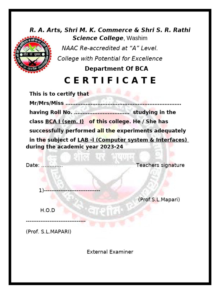 BCA Lab-I Certificate of Completion | PDF