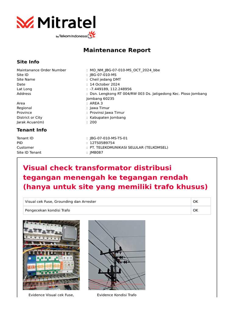 Cek Visual Trafo Distribusi Jombang | PDF