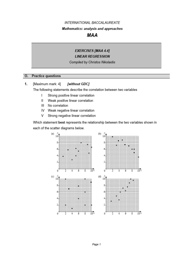 Linear Regression Exercises for IB Math | PDF | Linear Regression ...