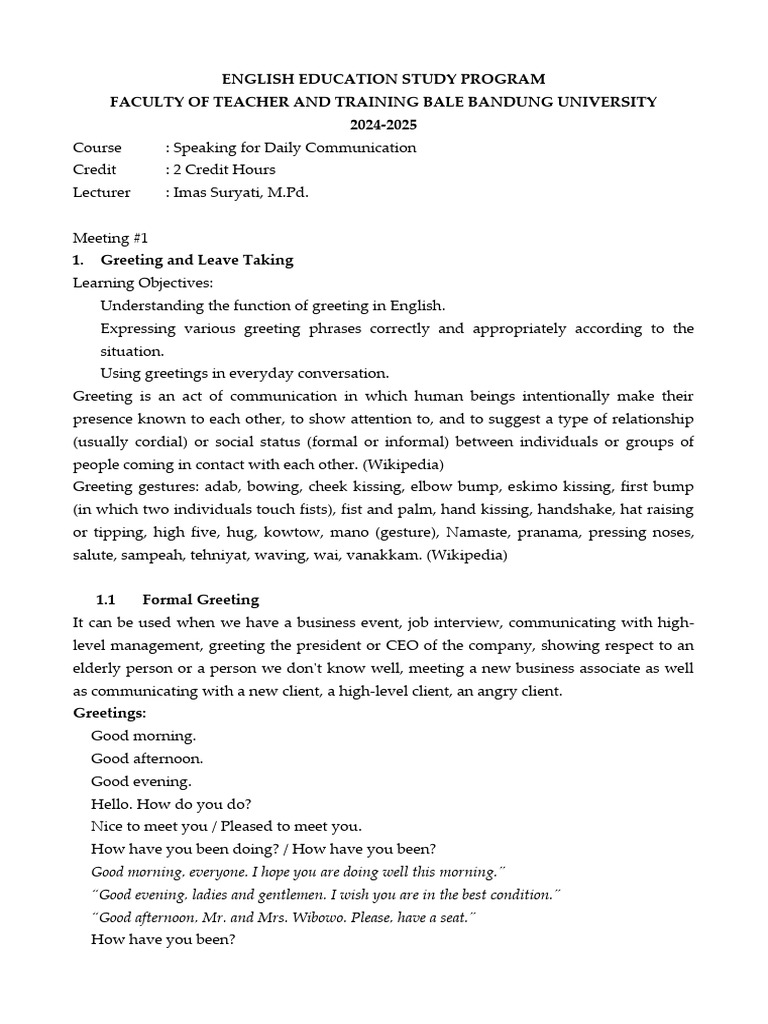 Speaking For Daily Communication Meeting 1 | PDF | Nonverbal ...