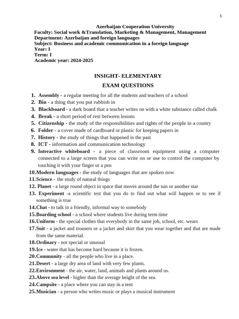 Insight Elementary Exam Questions | PDF | Camping | Educational Technology