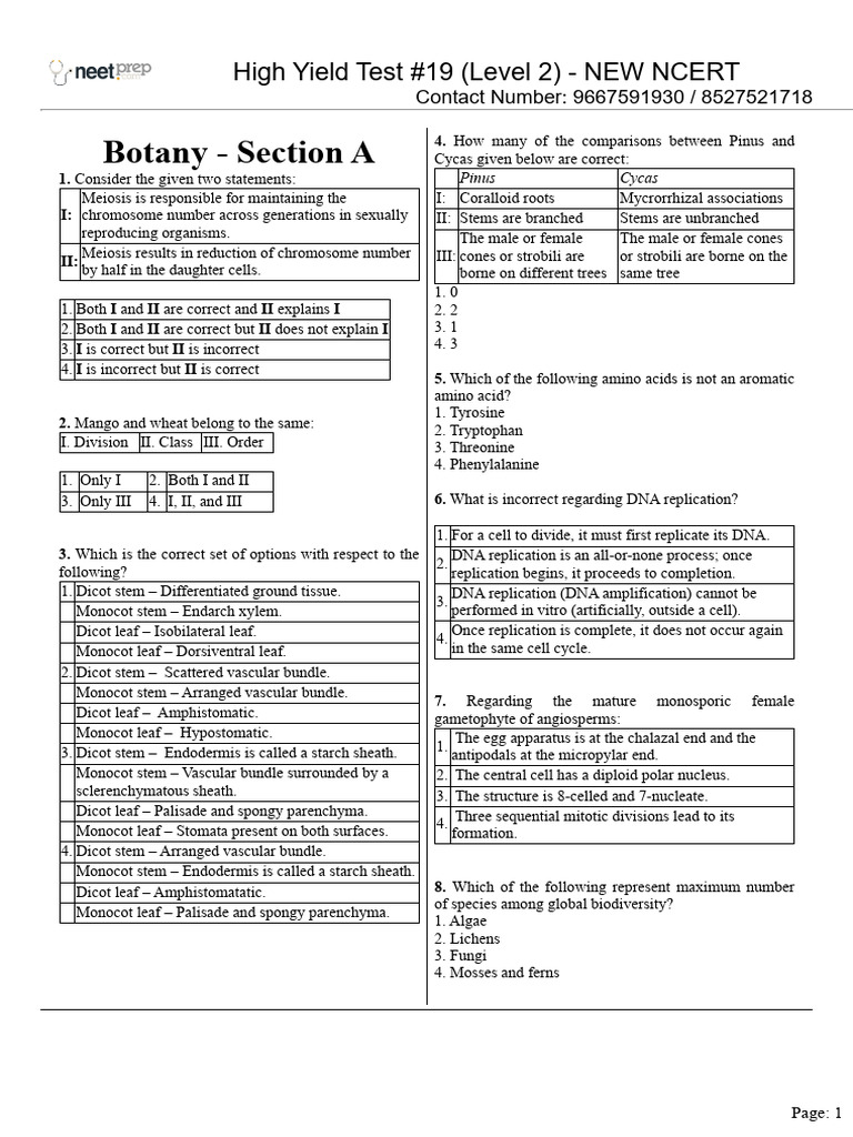 High Yield Test #19 (Level 2) - NEW NCERT | PDF | Leaf | Plant Stem