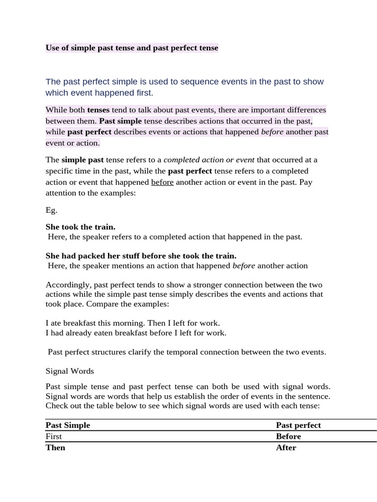 Use of Simple Past Tense and Past Perfect Tense | PDF