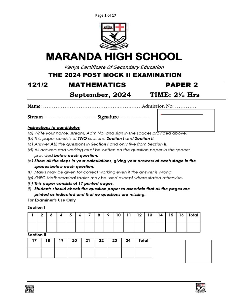 Maranda High School Post Mock II 2024 | PDF | Circle | Area