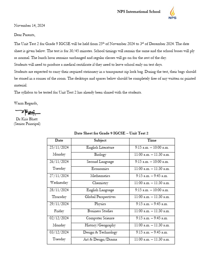Grade 9 igcse unit test 2 date sheet pdf