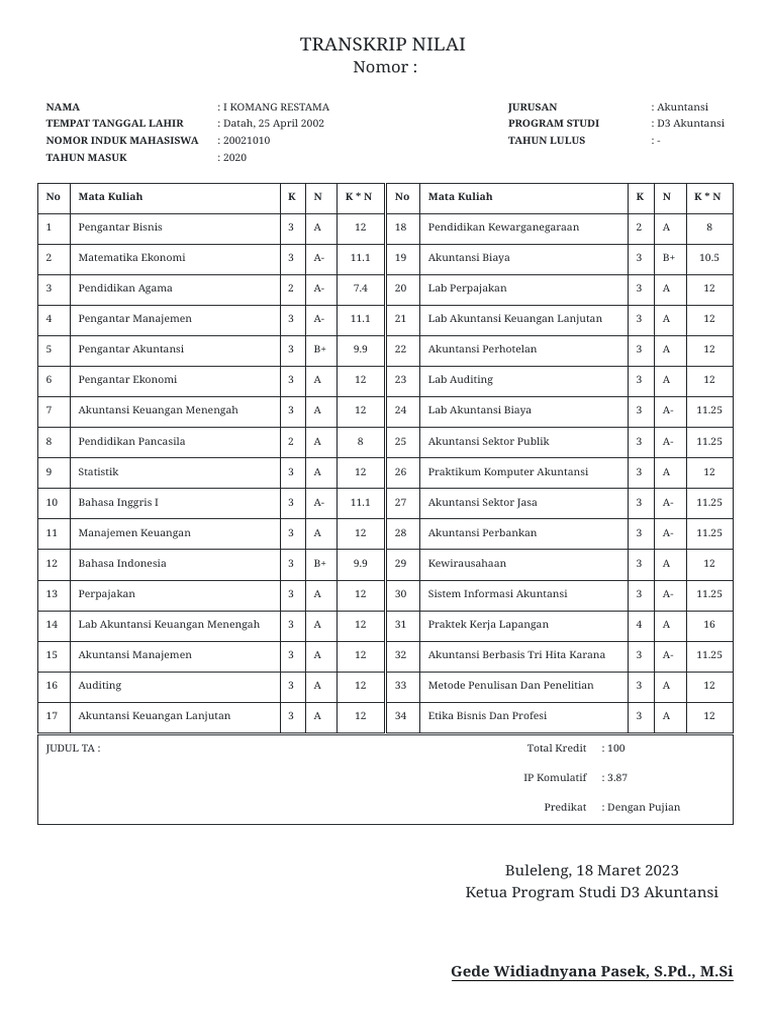 Transkrip Nilai D3 Akuntansi 2023 Pdf