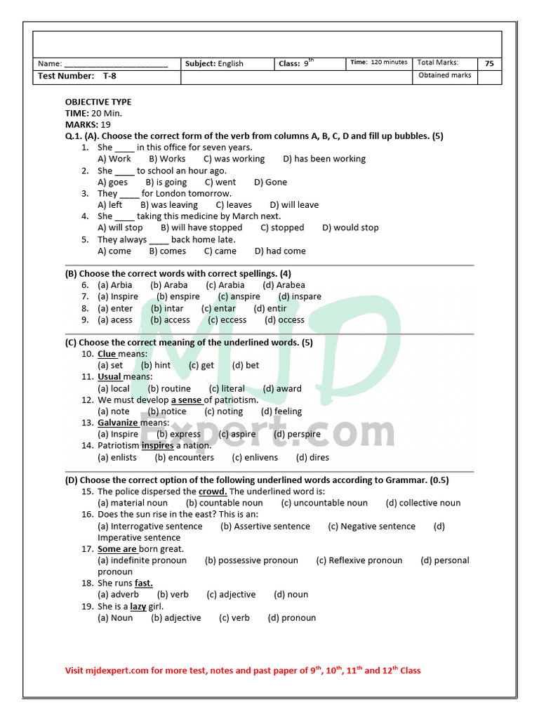T 8 9th English Series Test | PDF | Noun | Pronoun