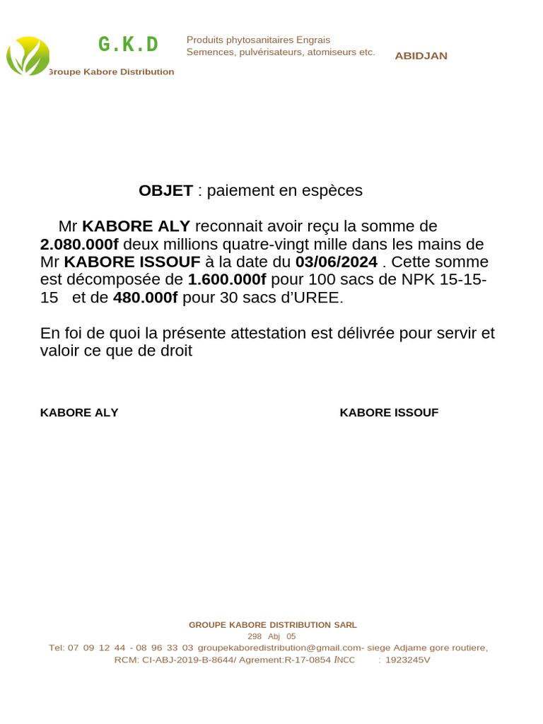 Reconnaissance de paiement de 2.080.000f | PDF