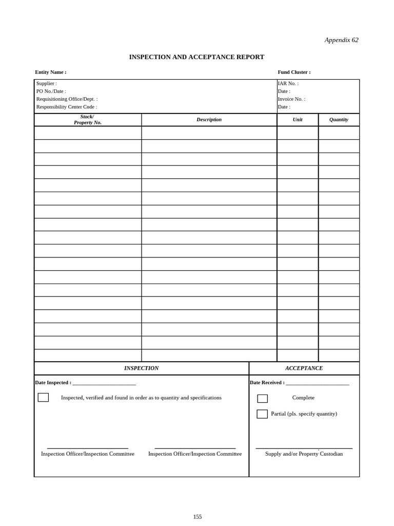 Inspection and Acceptance Report: Description Unit Quantity Stock ...
