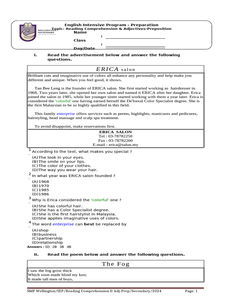 Prep Test - Reading Comprehension and Adj&Prep | PDF | Hairdresser