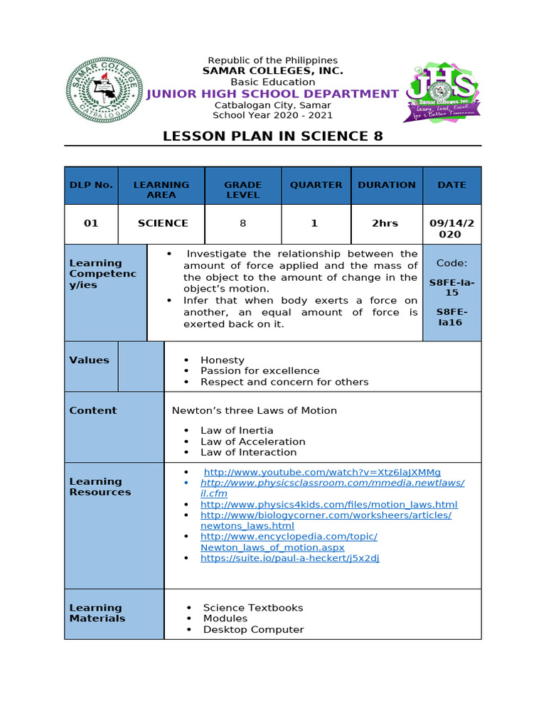 Science 8 Week 1 September 14-17,2020 | PDF | Force | Acceleration