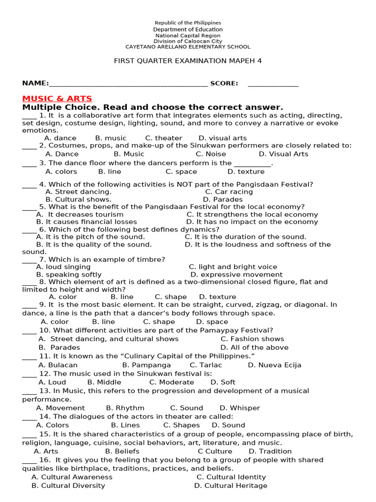 Grade 4 MAPEH 1st Quarter Exam | PDF | Sound | Concept