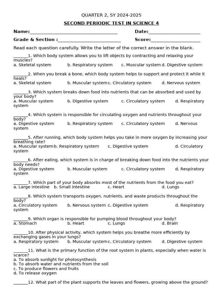 Science 4 Second Periodic Test Q2 2024 | PDF | Muscle ...