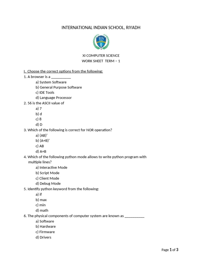 Computer Science Worksheet for XI Grade | PDF | Data Type | Software