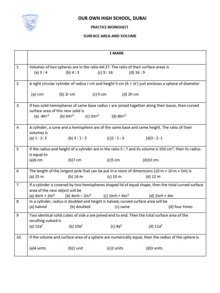Surface Area And Volume Pdf Sphere Area