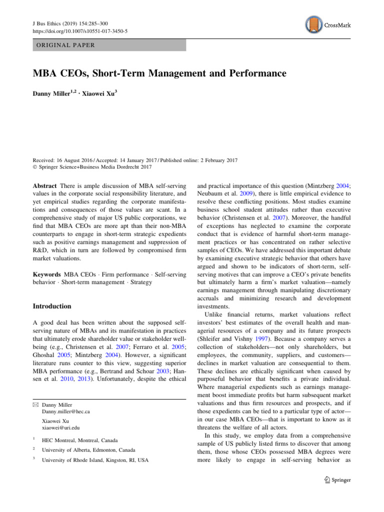 MBA CEOs and Short-Term Management Impact | PDF | Valuation (Finance ...