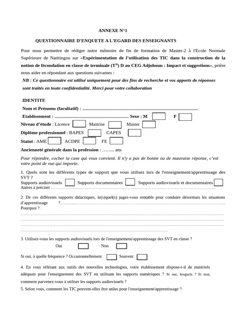 Questionnaire sur l'usage des TIC en SVT | PDF | Technologies de l ...
