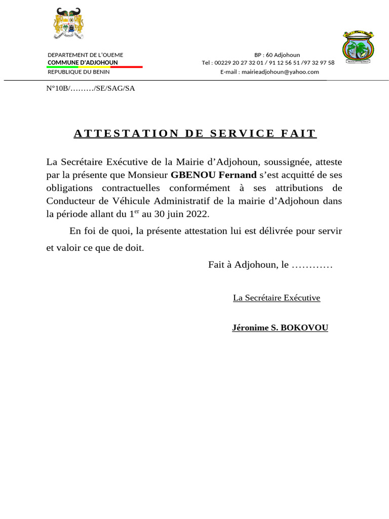 Attestation de service CVA Adjohoun | PDF