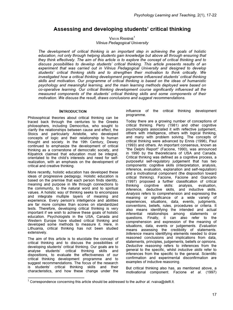 Developing Students' Critical Thinking Skills | PDF | Critical Thinking ...