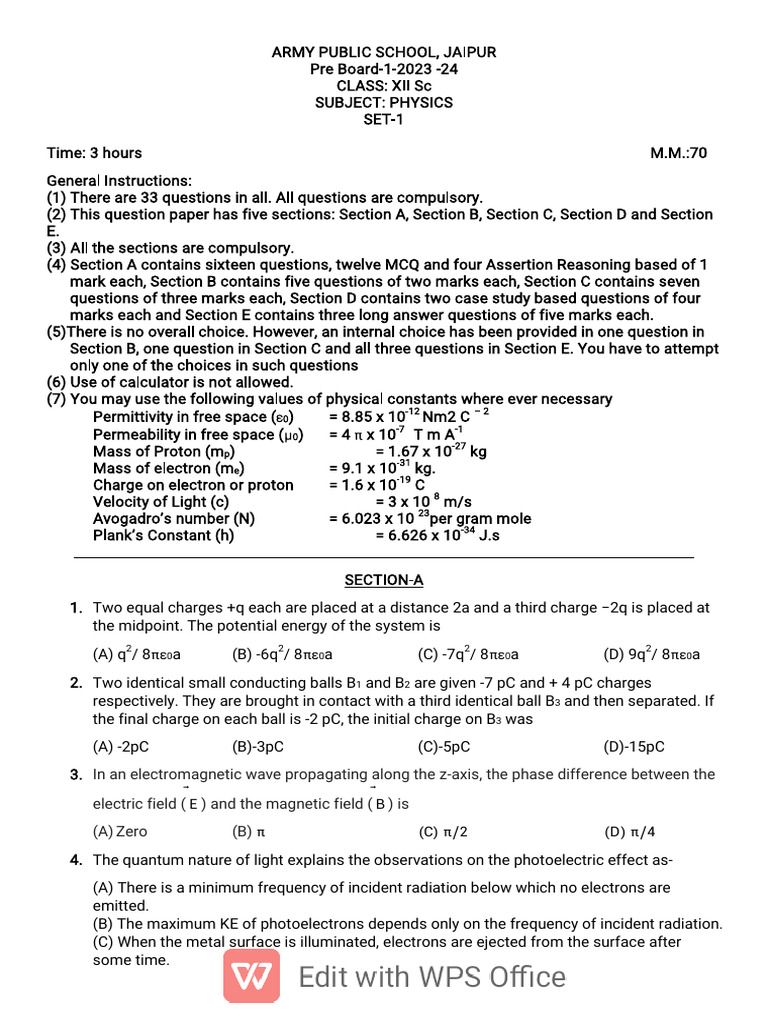 Class XII Physics Pre Board Paper 2023-24 | PDF | P–N Junction | Doping ...