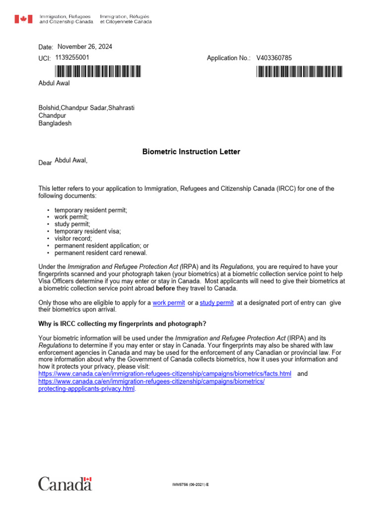 Abdul Awal Bio Instructions Letter | PDF | Immigration | Human Migration