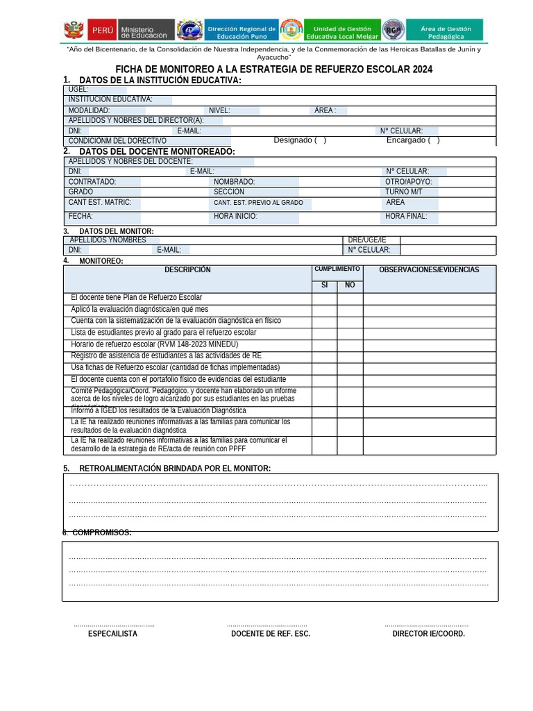 Ficha de Monitoreo Refuerzo Escolar 2024 | PDF