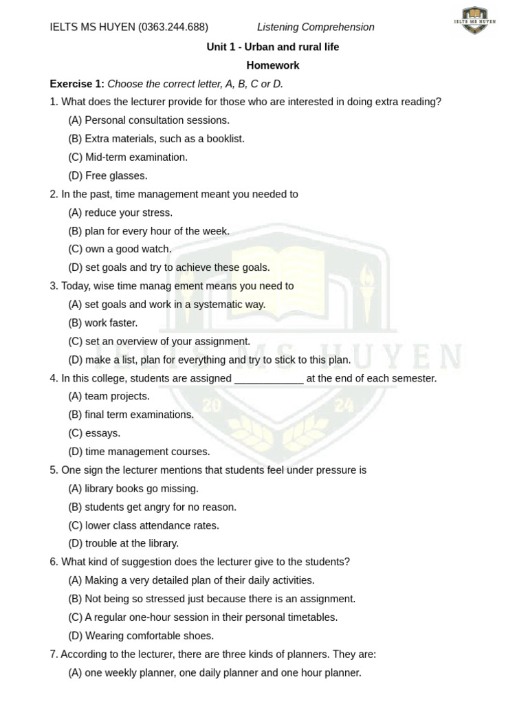 Unit 1 - Urban and Rural Life Homework Exercise 1:: Listening ...
