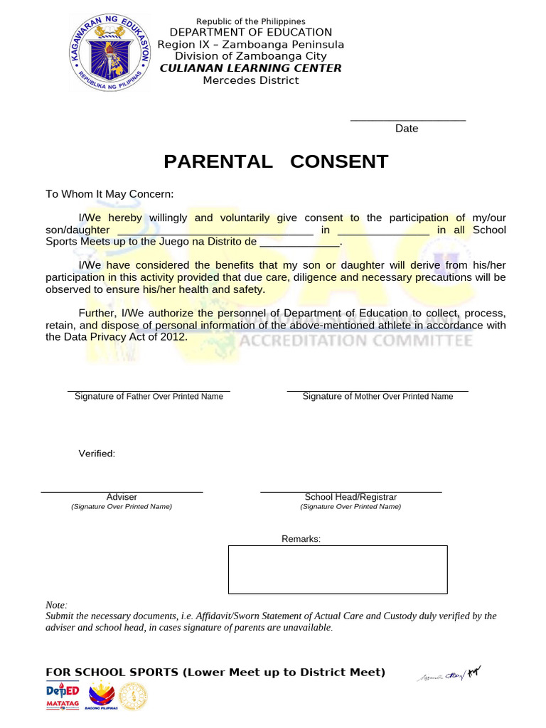 Parental Consent for School Sports Participation | PDF