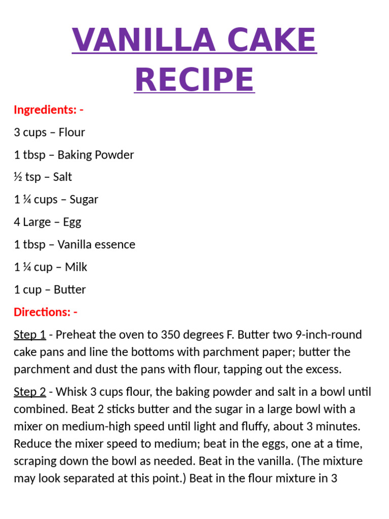 Vanilla Cake Recipe and Ingredients | PDF