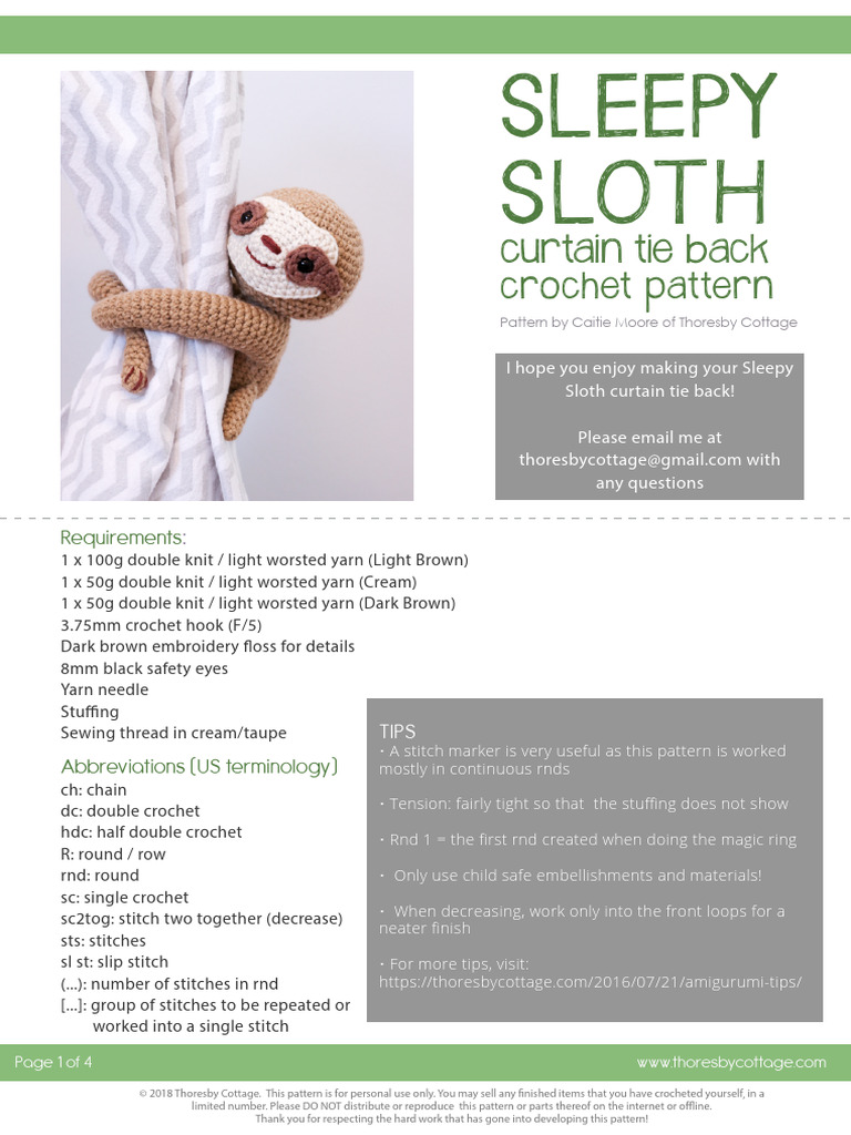 Sleepy Sloth Crochet Pattern | PDF | Crochet | Knitting