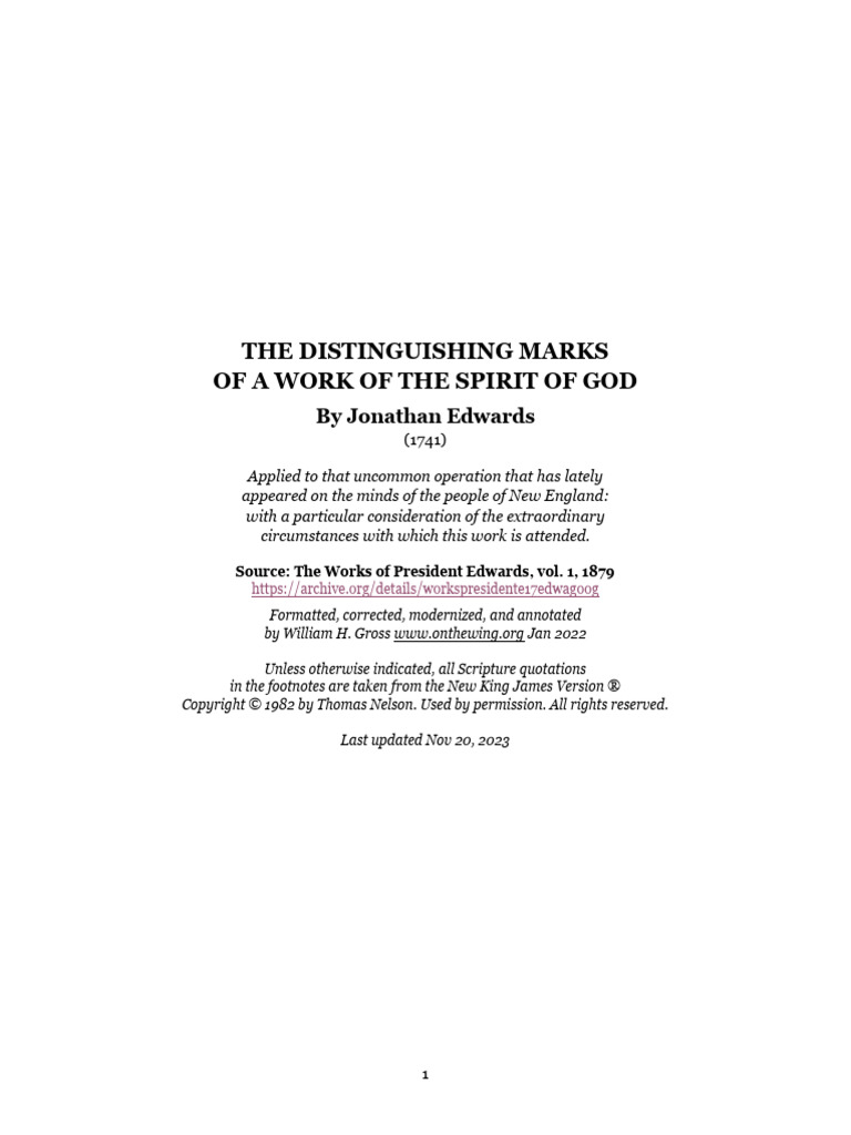 THE DISTINGUISHING MARKS OF A WORK OF THE SPIRIT OF GOD by JONATHAN ...