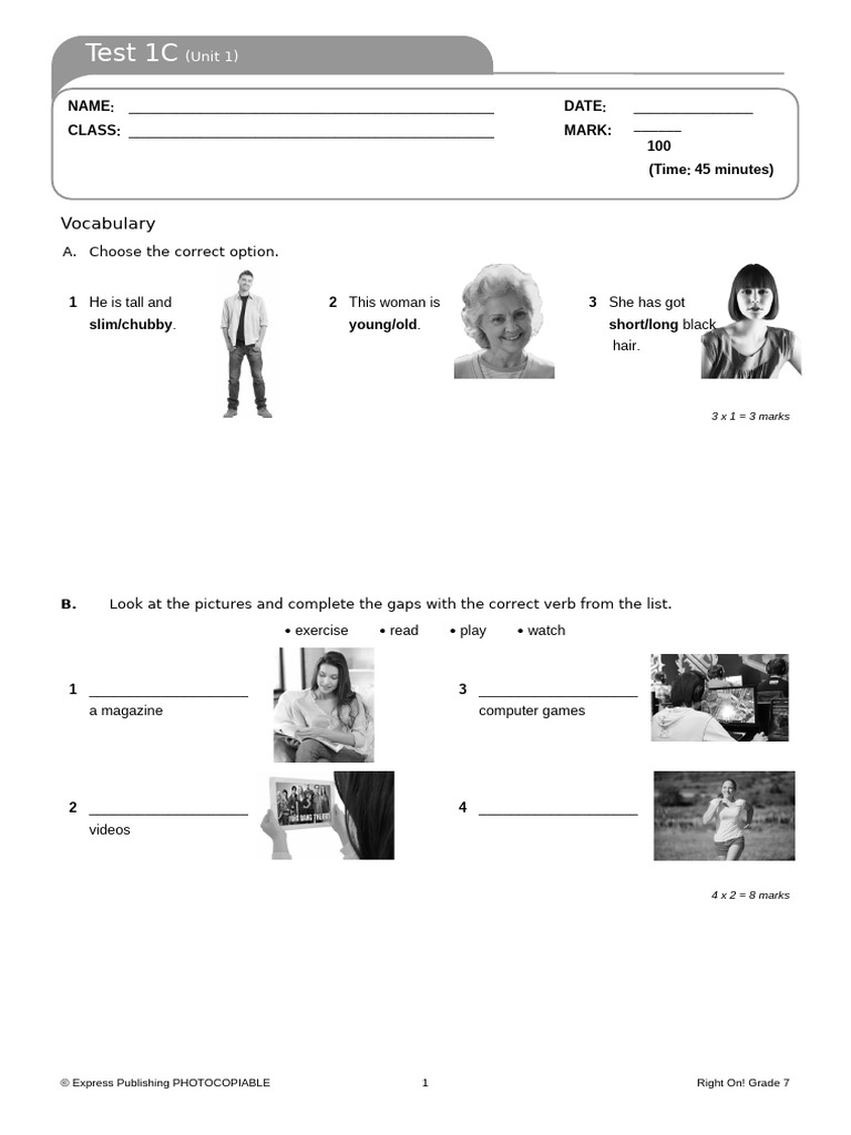 Grade 7 Unit 1 Test: Vocabulary & Grammar | PDF | Grammar | Linguistics