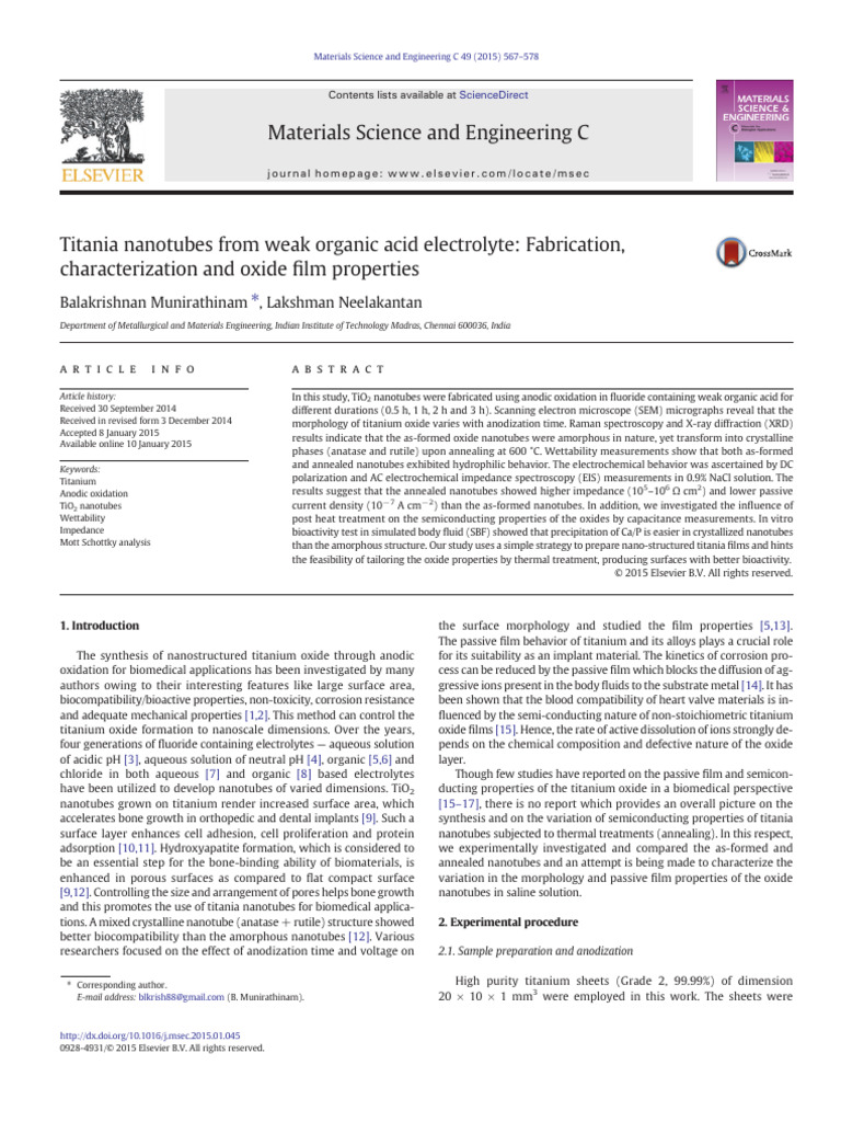 1 s2.0 S0928493115000557 Main | PDF | Titanium Dioxide | Carbon Nanotube