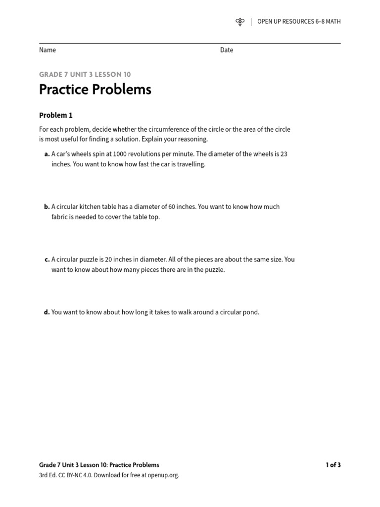 Grade 7 Unit 3 Lesson 10 Problems | PDF | Circle | Area