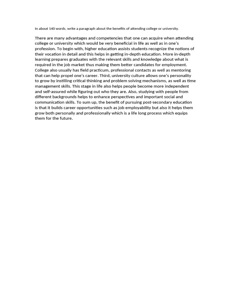 In About 140 Words, Write A Paragraph About The Benefits of Attending ...