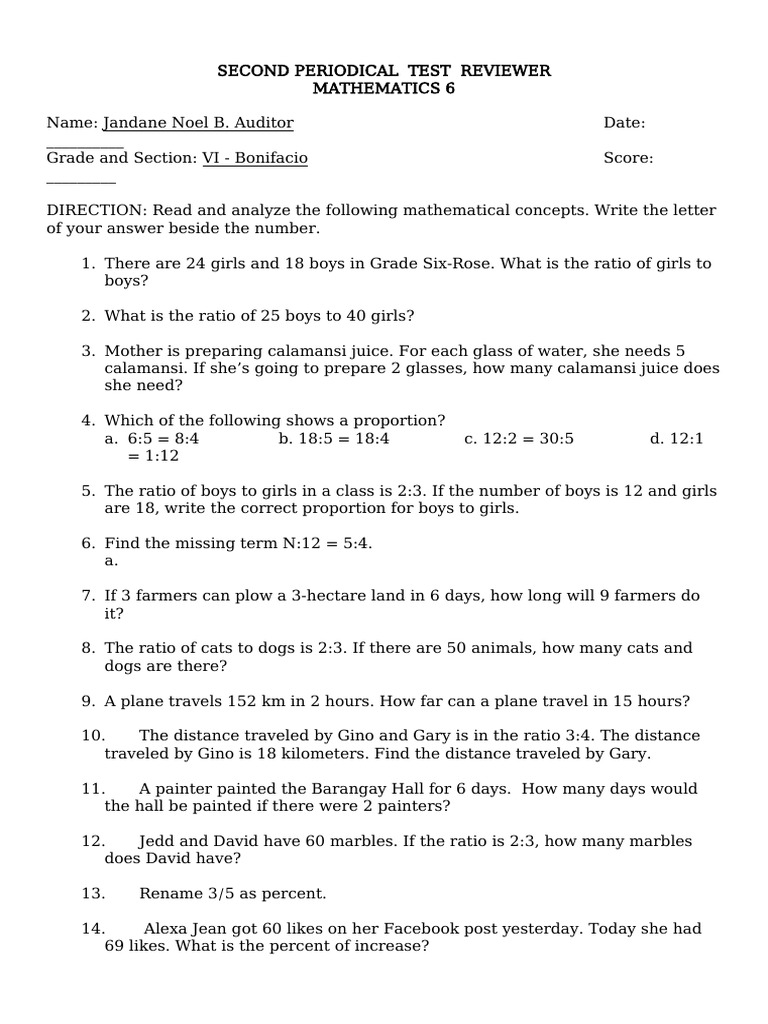 Mathematics 6 Periodical Test Reviewer | PDF