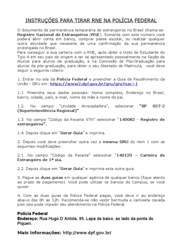 INSTRU ES PARA TIRAR RNE NA POL CIA FEDERALifusp Pasaporte Travel Visa