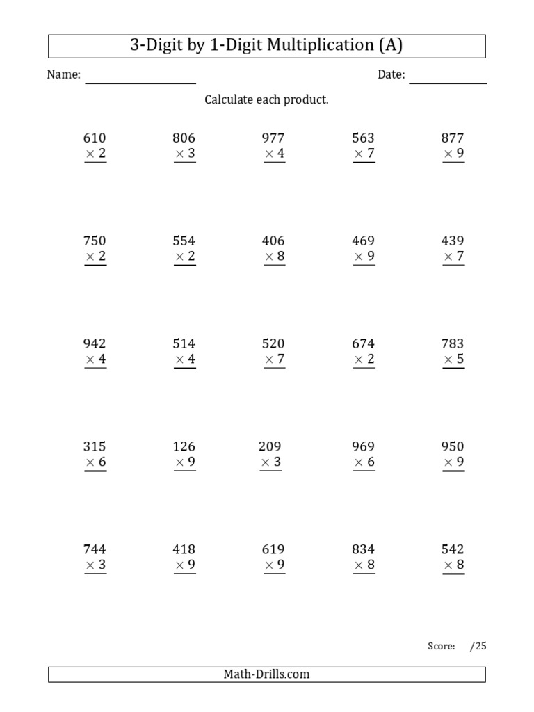 3-Digit by 1-Digit Multiplication Answers | PDF