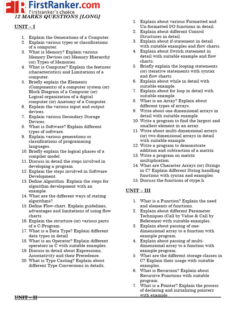 12 Marks Questions (Long) : Unit I | PDF | Computer Program | Programming