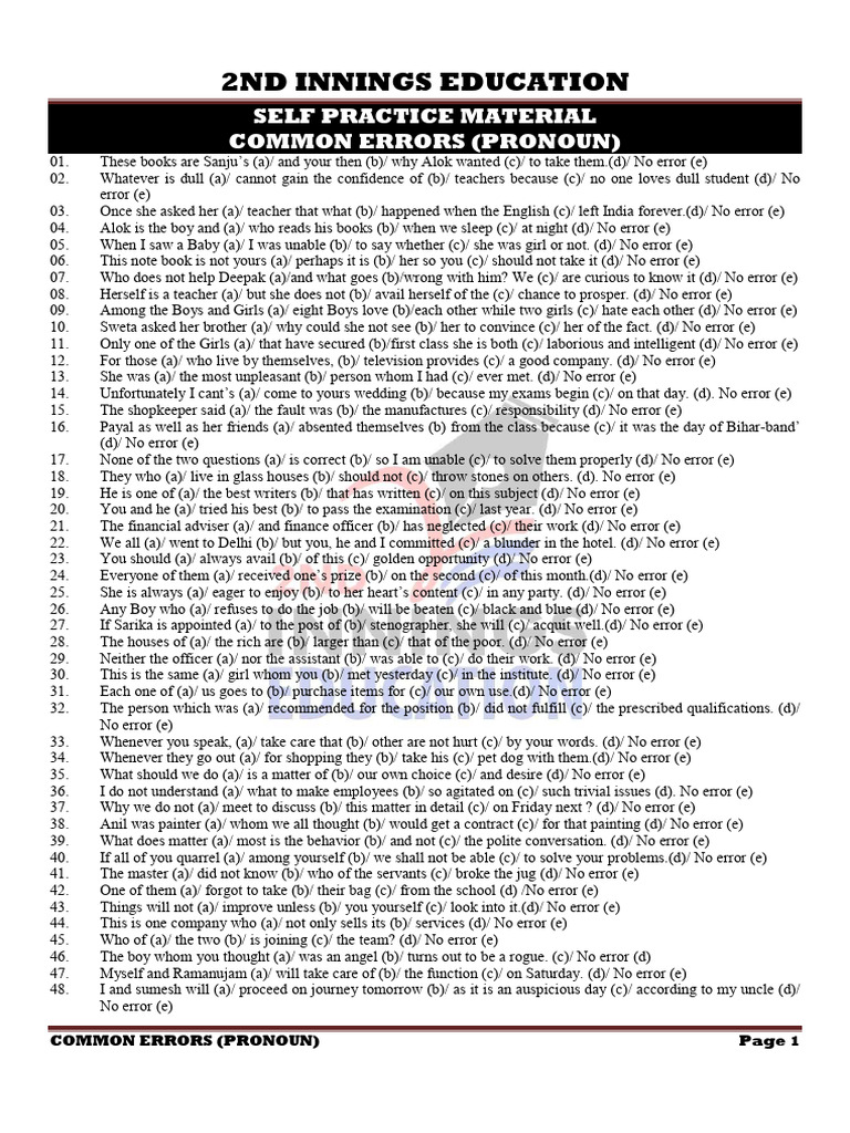 Common Pronoun Errors Practice | PDF