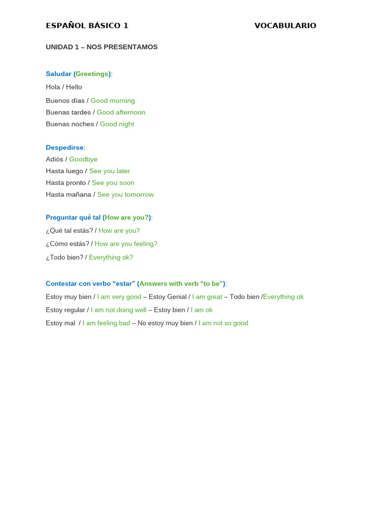 Vocabulario Básico de Español 1 | PDF