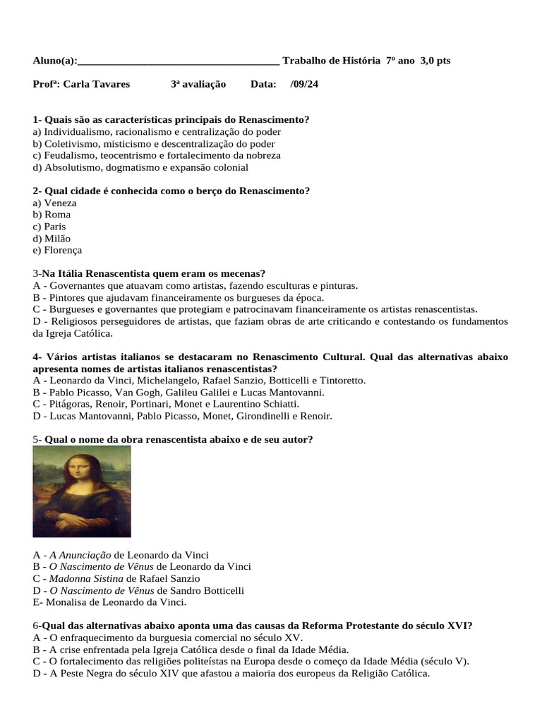 Questões sobre Renascimento e Reforma | PDF | Protestantismo | Igreja ...