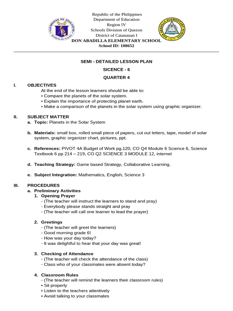 Lesson Plan: Solar System for Grade 6 | PDF | Planets | Jupiter