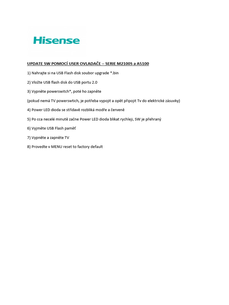 Hisense Usb Sw User Update Serie M2100 A A5100 Cz Pdf