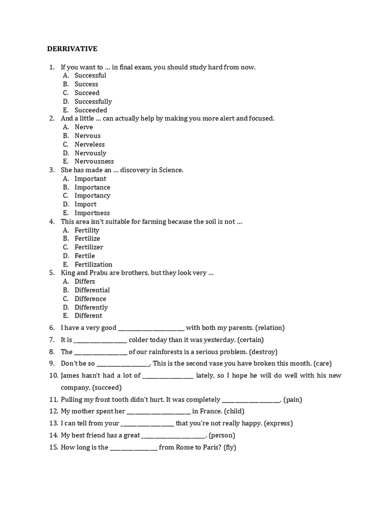 English Derivative Practice Questions | PDF