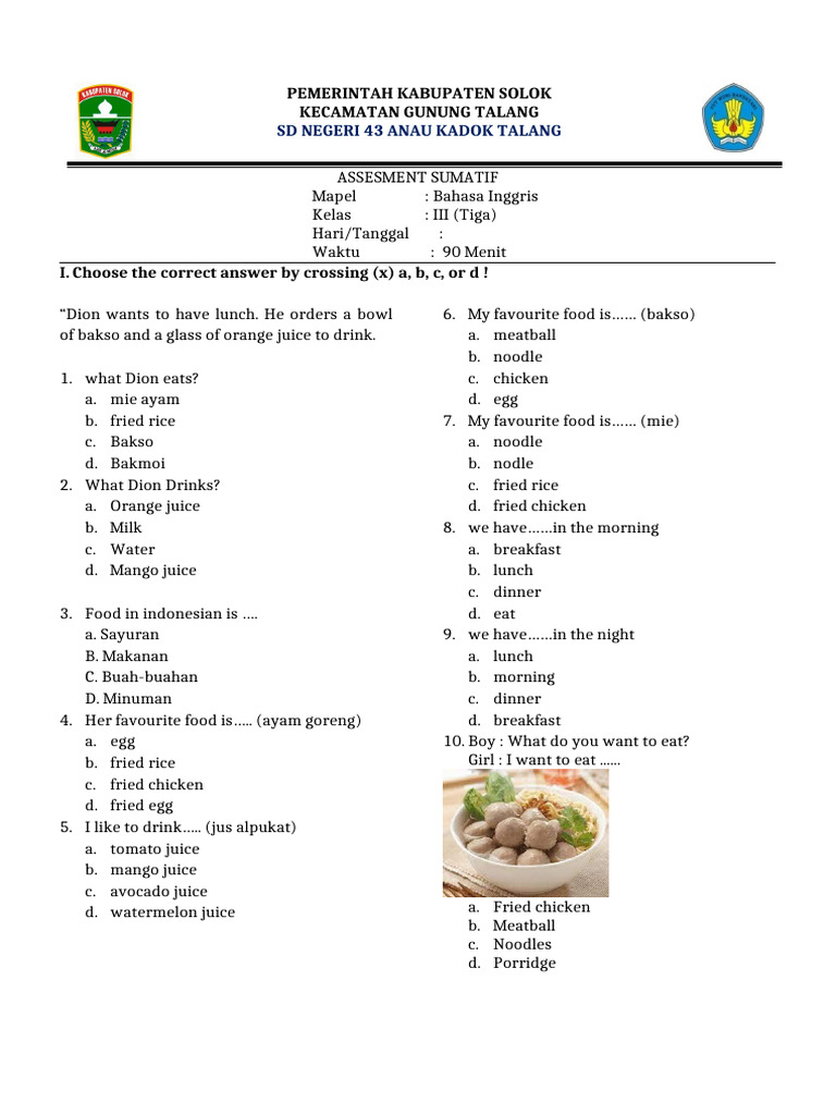 Soal Bahasa Inggris Kelas 3 Pdf Asian Cuisine Food And Drink