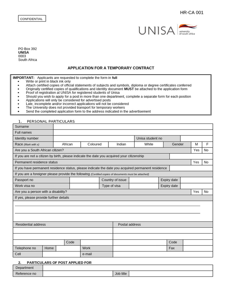 Unisa Temporary Contract Application Form | PDF | Travel Visa ...