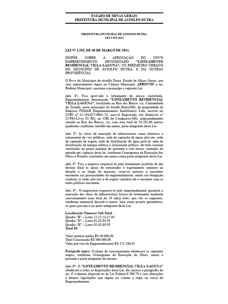 LEI 1555.2024 - Loteamento Villa Laguna | PDF | Poder Policial (Lei ...