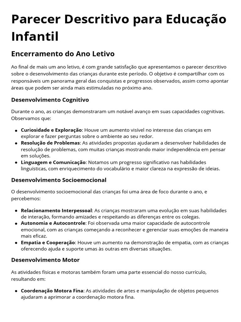 Parecer Descritivo Educação Infantil 2023 | PDF | Psicologia do ...